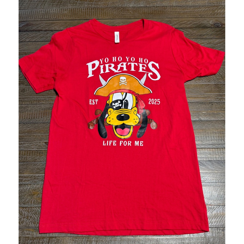 TeeLand Pluto Pirate T-Shirt Mens Medium Red Graphic Crew Neck Tee Preloved